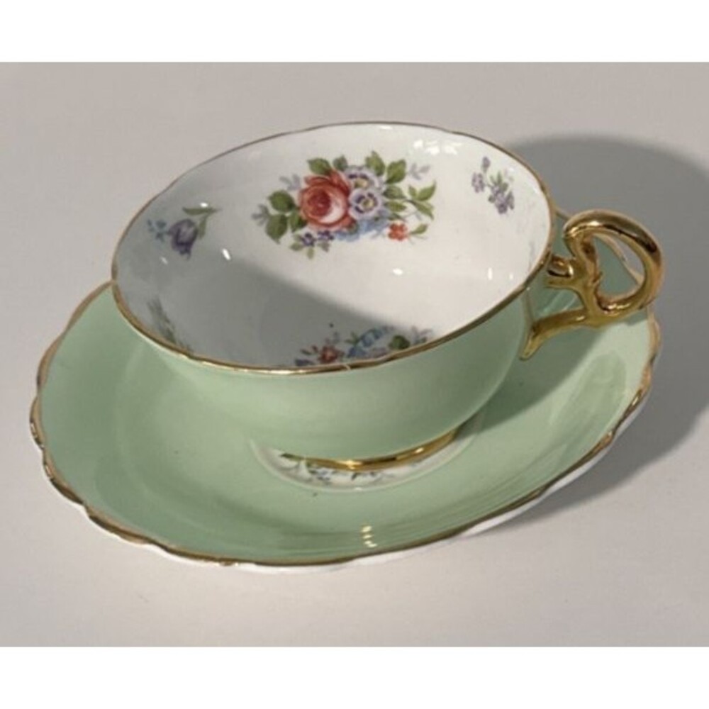 VTG Royal Grafton Bone China Tea Cup & Saucer Mint Green w/Gold Floral England